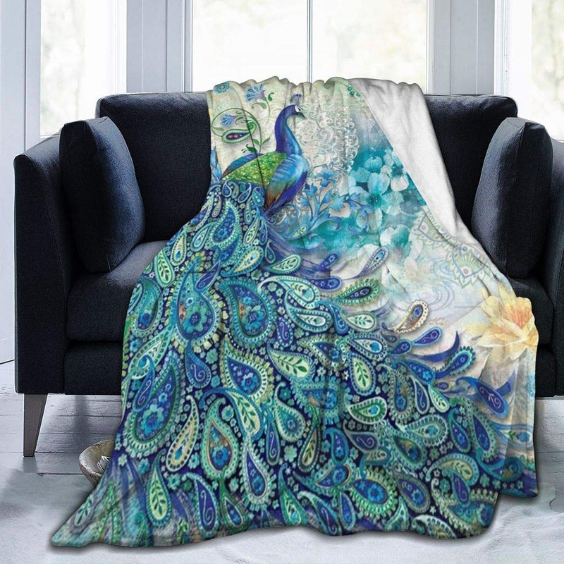 LuckyLou Peacock & Vintage Botanical Flannel Fleece Throw - Ultra Soft, Cozy, Warm & Lightweight Microfleece Blanket (80" x 60") - Image 1